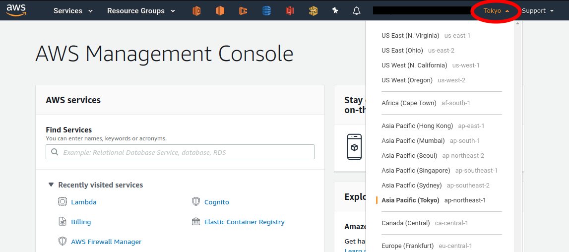 AWS console select regions